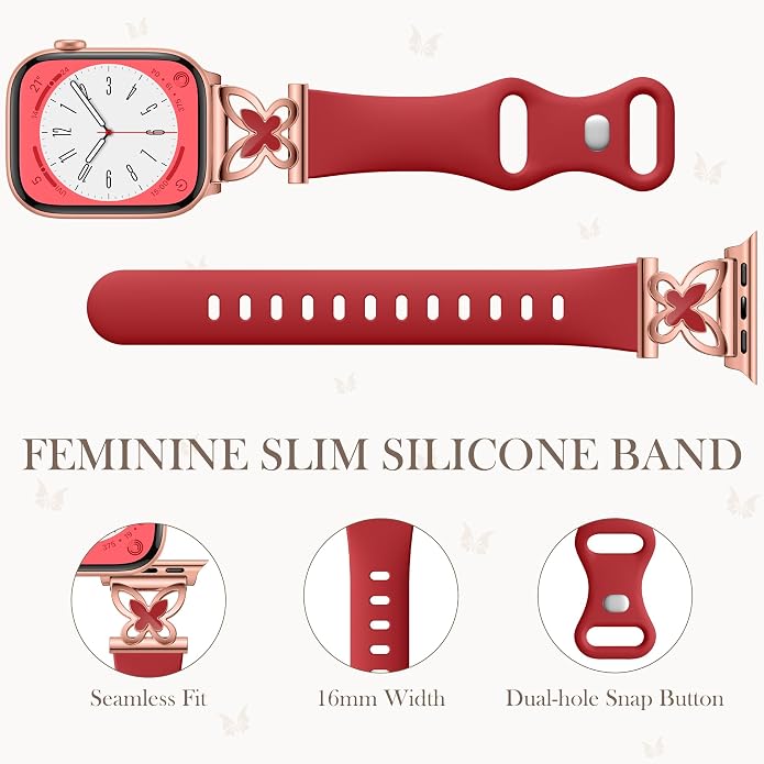 Lerobo Slim Silicone Band Compatible with Apple Watch Bands for Women | Dressy Metal Butterfly 16mm Thin Strap for iWatch Series 11 10 9 8 7 6 5 4 SE Ultra 38mm 40mm 41mm 42mm 44mm 45mm 46mm 49mm