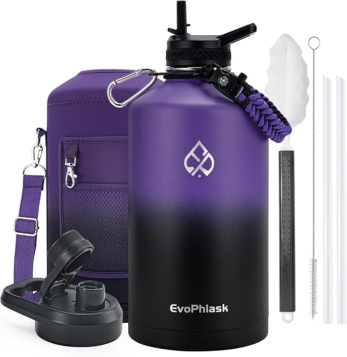 1 Gallon Water Bottle Insulated with Carrier Bag, Purple/Black | Stainless Steel, Vacuum Insulated Keep Cold 48 Hrs, 128 oz Large Gallon Water Jug, For Travel, Sport, Gym, Hiking