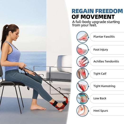 comness Foot and Calf Stretcher Stretching Strap For Plantar Fasciitis, Heel Spurs, Foot Drop, Achilles Tendonitis & Hamstring. Yoga & Leg Stretch Strap. (Red)