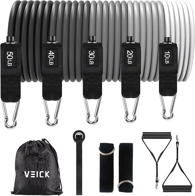 VEICK Resistance Bands with Handles, Ankle Straps, Door Anchor | Accredited Lab Certified, 100% Natural Latex, Cushioned Handles, Versatile for Yoga, Pilates, Strength, Home Gym