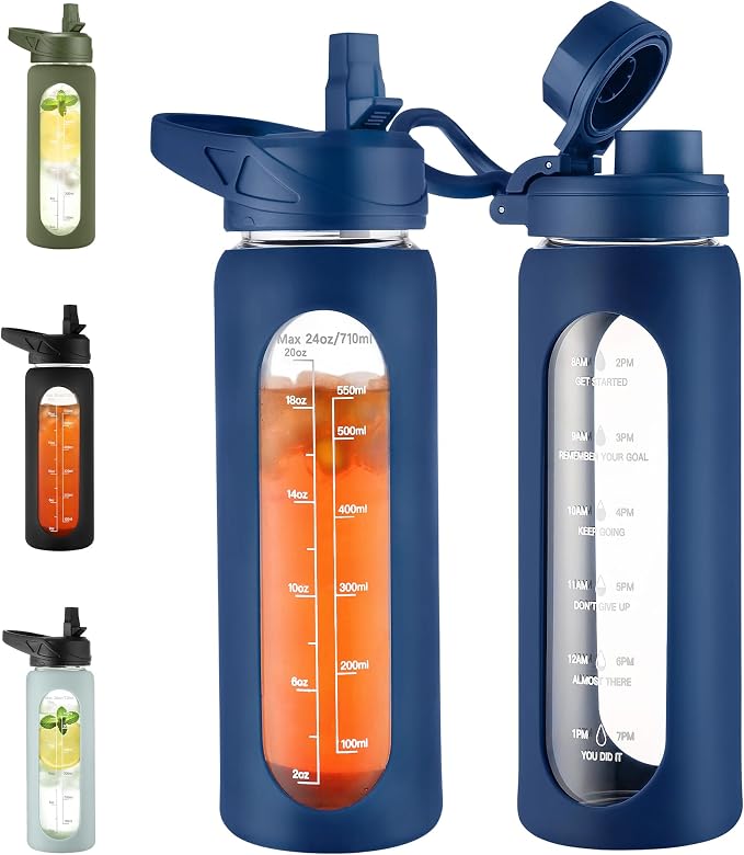CIVAGO 24 oz Glass Water Bottle with Straw, Large Motivational Water Jug | Time Marker, 2 Leakproof Lids, Wide Mouth, Water Flask Cup with Handle and Silicone Sleeve, for Gym, Sports, Juices, Navy