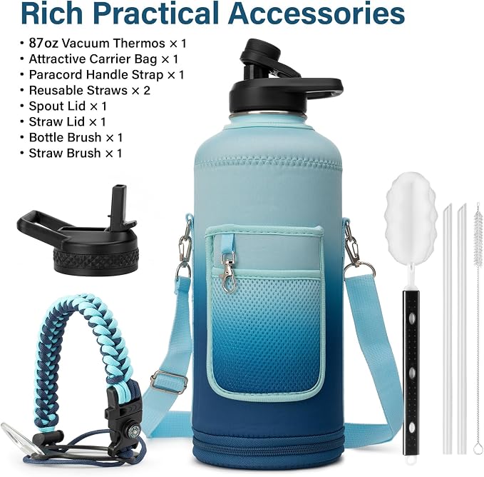 DYSANKY Insulated Water Bottle | Thickened Stainless Steel for Gym and Hiking with Straw, Carrier Bag, Handle Strap | BPA-Free 87 oz
