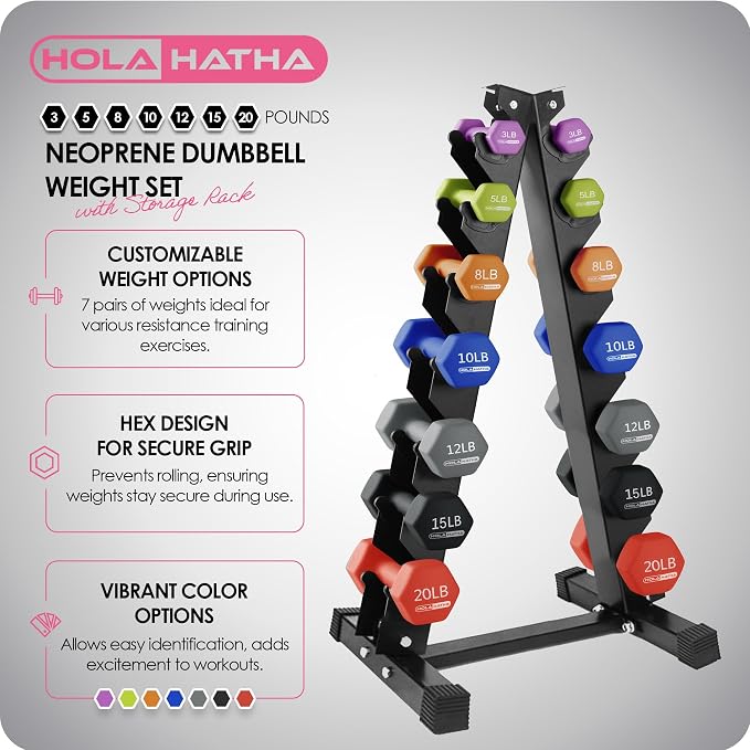 HolaHatha 1, 2 and 3 lb Neoprene Dumbbell Strength Training Weight Set with Rack