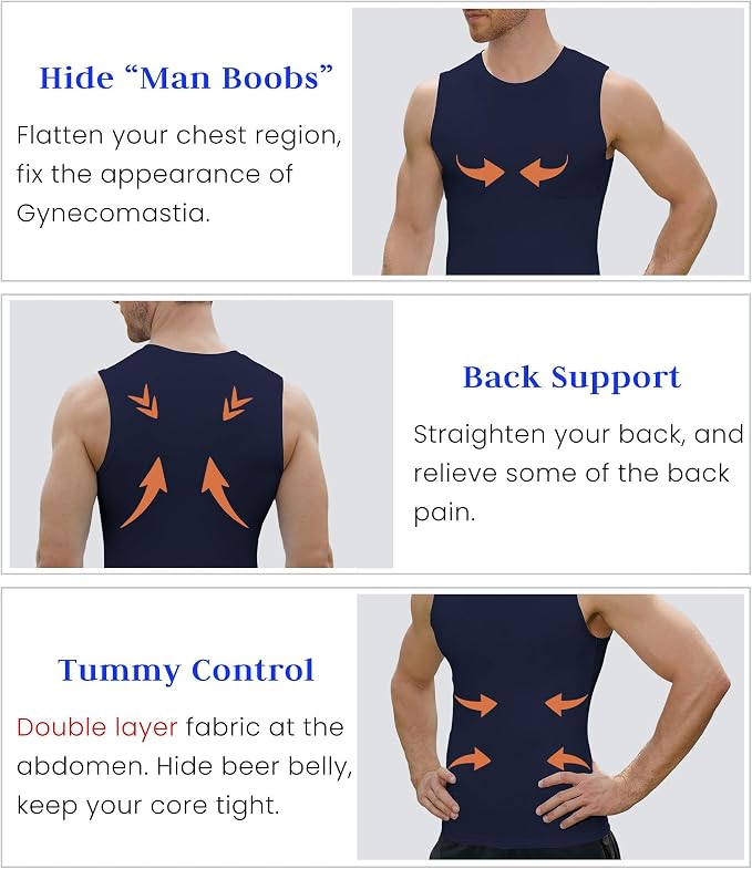 Compression Shirt Men Slimming Body Shaper Vest Crewneck Workout Tank Top | Tummy Control Undershirts, Gynecomastia Compression Shirts, Back Support, Sleeveless Muscle Shirts, Shaping Tank Top