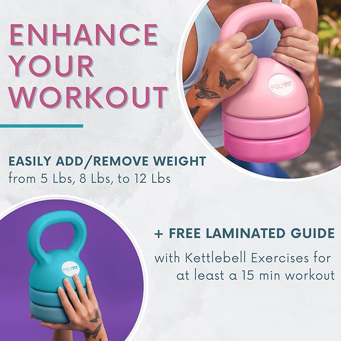 Polyfit Adjustable Kettlebell | 5 lb - 12 lb | Kettlebells Weights Set for Home Gym | Kettle Bell Sets for Women at Home | 3-in-1 adjustable design, 5/8/12 lb settings, non-slip PE coating, compact home gym storage, workout guide included
