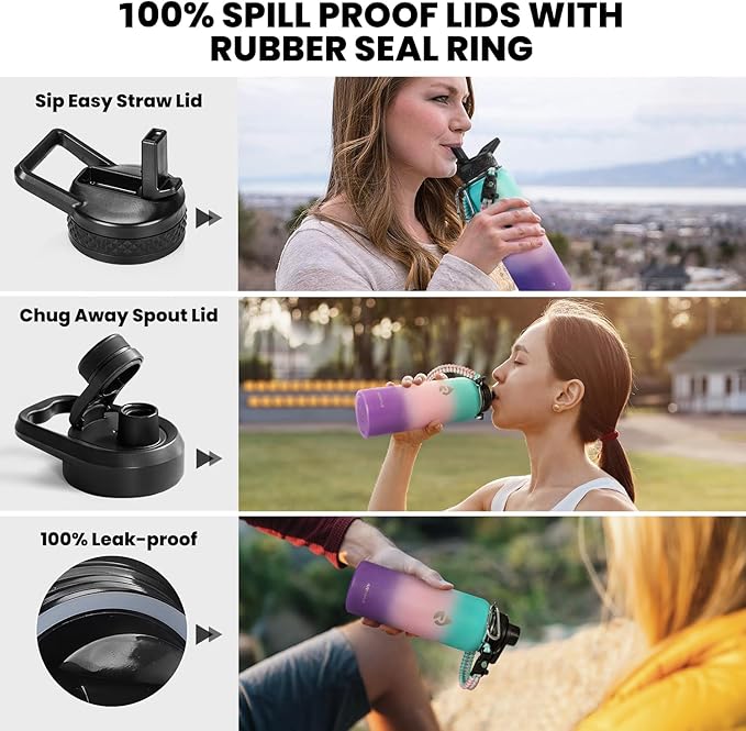 RAYMYLO Insulated Water Bottle 40 oz, Triple Wall Vacuum Stainless Steel | (Cold for 36Hrs, Hot for 18Hrs), Leak Proof & Non-BPA, Modern Water Flask Jug with Paracord Handle & Straw Spout Lids