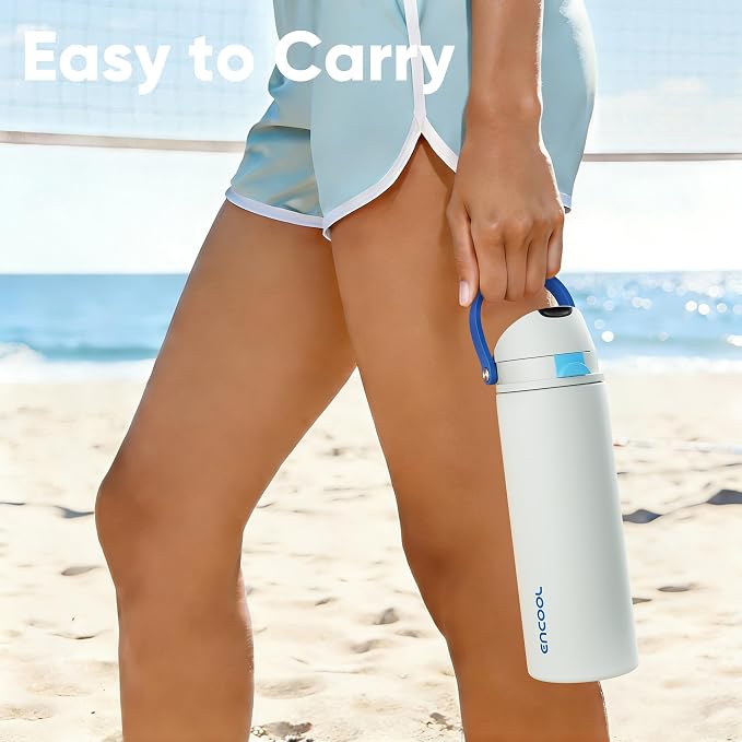Insulated Water Bottle with Straw - Encool Stainless Steel Water Bottle with Push Button Lid, Leak-Proof & BPA-Free, Keeps Cold for 24 Hours for Sports, Travel, Gym (24 oz, Quill Grey-Blue)