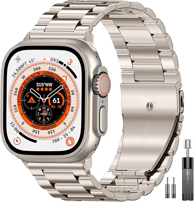 EPULY Compatible with Apple Watch Band 49mm 45mm 44mm 42mm 41mm 40mm 38mm, Business Stainless Steel Metal Watchband for iWatch Strap Ultra SE Series 8 7 6 5 4 3 2 1 Men(Starlight, 42mm/44mm/45mm/49mm) | Stainless Steel Strap Suitable for Business Setti...