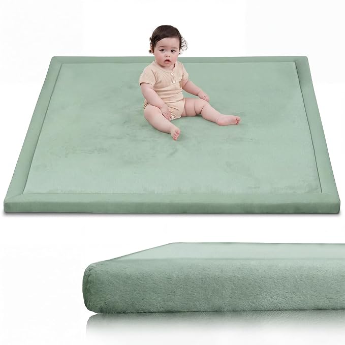 Huloo Sleep Ultra Soft Baby Play Mat for Floor,1.3" Thick Elasti-Foam 47x47 Play Mat for Playpen,Water-Repellent Coral Velvet for Tummy Time, Non-Slip Backing Safe for Toddlers & Infants(Sage Green)