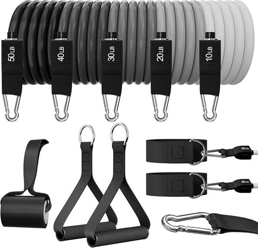 WHATAFIT Resistance Bands with Handles, 5-Level Exercise Bands for Workout | Natural latex,10-50 lbs, stackable to 150,Ankle Straps, Door Anchor,Guide. For Strength, Yoga,Home Gym,Travel & Workout.
