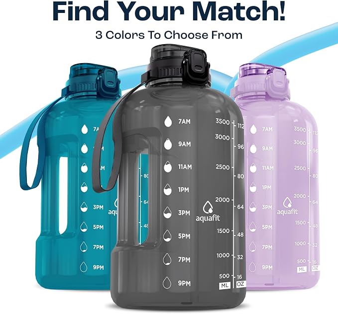 AQUAFIT Gallon Water Bottle with Time Marker, 2in1 Lid | BPA Free 128 oz Water Bottle with 2in1 Straw and Chug Lid - Leakproof Gym Water Bottle with Carry Handle (Gray)