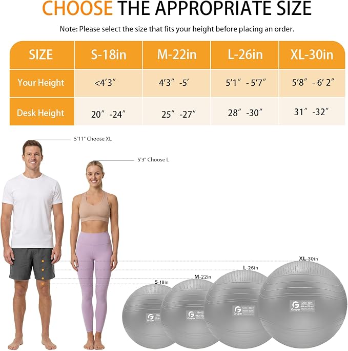 Gruper Yoga Ball, Extra Thick Non Slip Exercise Ball for Workout, Yoga, Pregnancy, 4 Sizes Anti Burst Chair for Home and Office, Includes Foot Pump & Fitness Guide