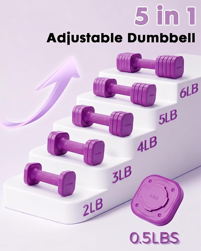 Equipro Hand Weights for Women at Home 6 LBS Adjustable Dumbbell Set of 2, Fast Adjust Dumbbells with TPU Soft Rubber Handle for Home Gym Exercise Training
