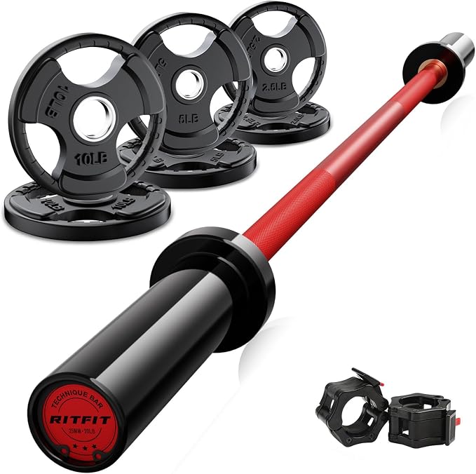 RitFit Barbell Weight Set - 4/6FT Olympic Barbell with Weight Plates (55-115LB Total) - Weightlifting Equipment for Squats, Curls, Deadlifts, Presses, Hip Thrusts