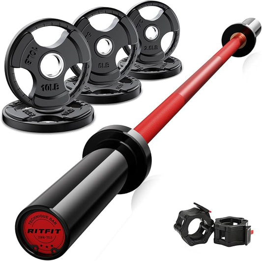 RitFit Barbell Weight Set - 4/6FT Olympic Barbell with Weight Plates (55-115LB Total) - Weightlifting Equipment for Squats, Curls, Deadlifts, Presses, Hip Thrusts