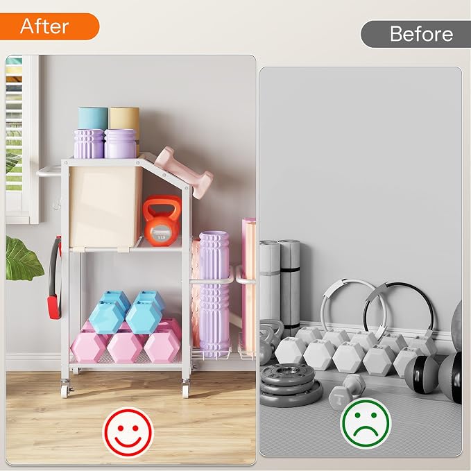 HOOBRO Dumbbell Rack, Weight Rack for Dumbbells, Yoga Mat Storage Rack, Home Gym Storage Rack for Dumbbells Kettlebells Foam Roller, Workout Storage Organizer with Wheels & Hooks