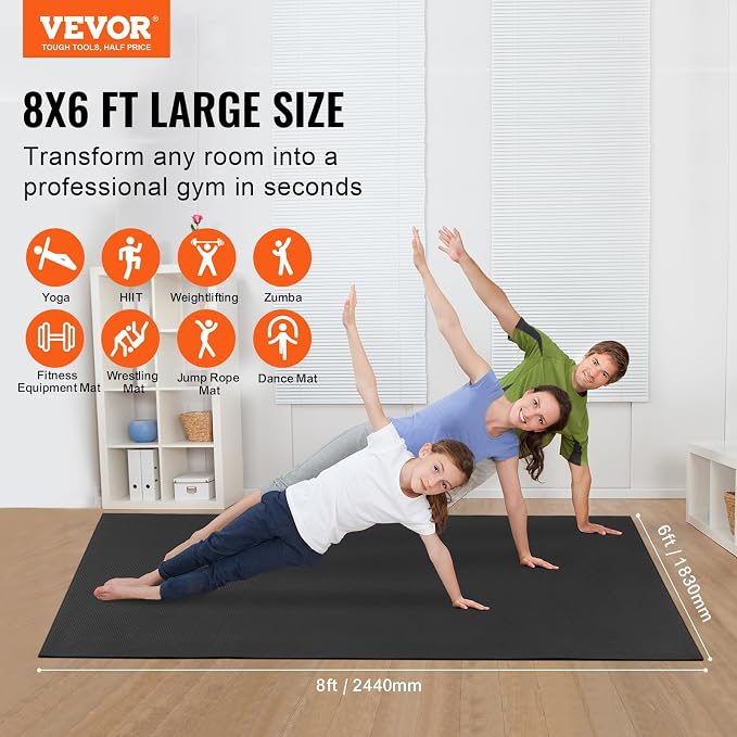 VEVOR Large Exercise Mat, 12'x6'/10'x6'/9'x6'/8'x6'/8'x5'/7'x5'/6'x4' (7mm) Extra Thick, Non Slip High Density Premium Workout Mat, Exercise Yoga Mat for Men & Women, Fitness & Exercise Mat with Bag & Carry Strap, for All Types of Home Yoga, Pilate & F...