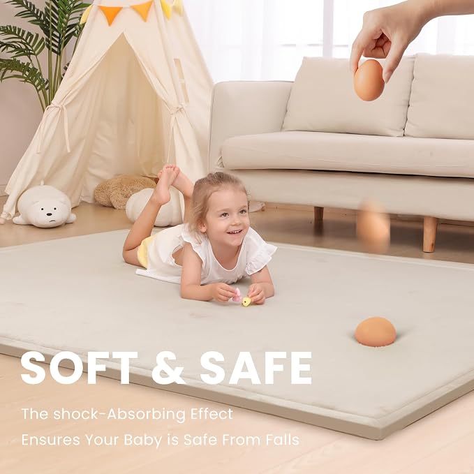 Huloo Sleep Baby Play Mat for Floor,1.3" Thick Memory Foam Tummy Time Mat,Soft Coral Velvet Nursery Rug,Extra Large Non Slip for Crawling,Toddlers,Infants,Kids,Tatami Style for Living Room(Beige)