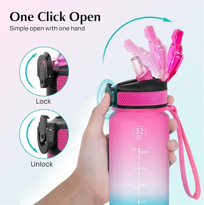 EYQ 32oz Water Bottle with Straw, Time Marker, Blue Purple | Blue Purple Tritan, BPA Free, Time Marker, Leakproof Lock Lid, Wide Mouth, for Gym, School, Office and Travel