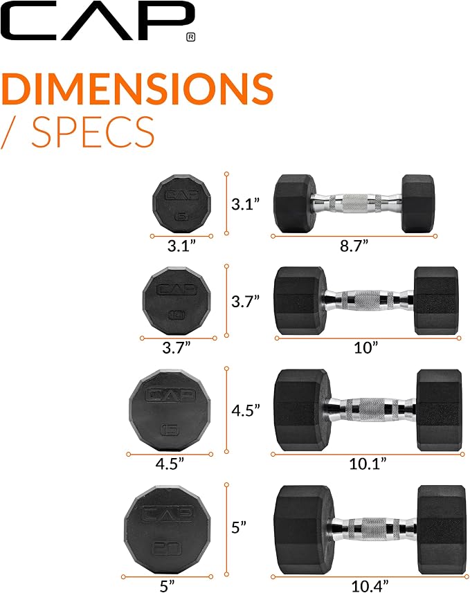 CAP Rubber Coated Hex Dumbbell Set with Storage Rack | 100–210 lb Options, Space-Saving Vertical Compact Storage for Home Gym Strength Training