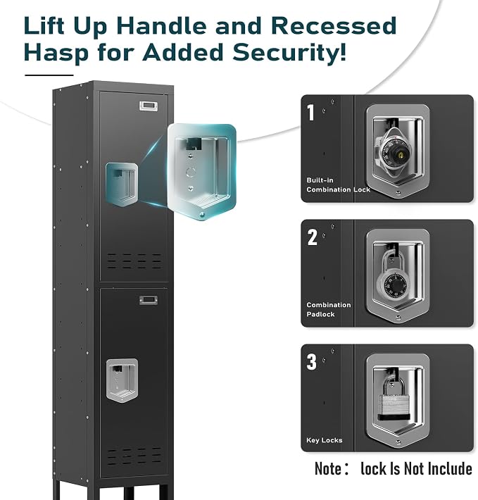 BUTISOW Metal Storage Locker with Lock & Card Slot Locker - Secure Lockable Door - Steel Locker for School, Office, Gym, Home - 66.15" H x 11.8" W x 11.8" D（2 Door, Black）