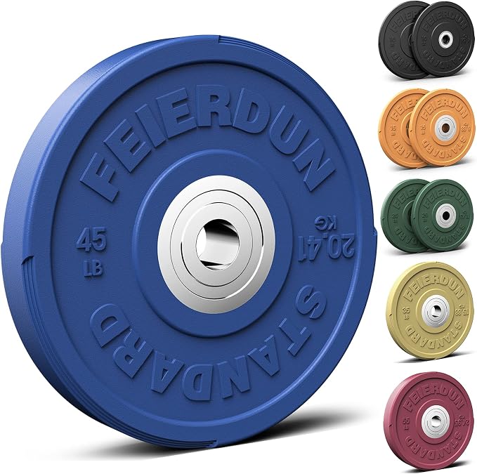 FEIERDUN Color Bumper Plate Set, 2-Inch Olympic Weight Plates, Low Bounce Rubber Barbell Plates with Stainless Steel Insert for Weightlifting, Strength Training, CrossFit & Home Gym, 10LB-370LB