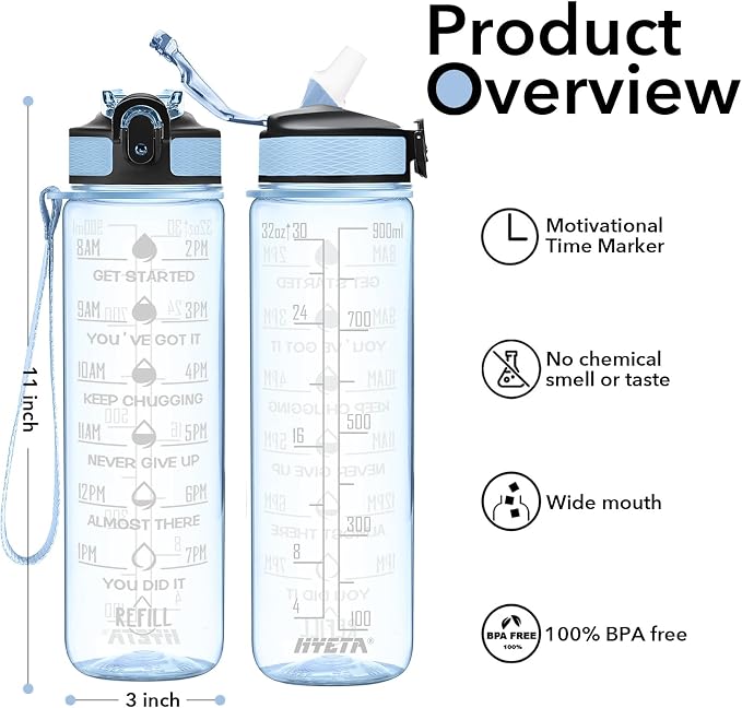 Hyeta Water Bottle with Straw & Time Marker, Plastic 32oz Leakproof | Motivational Tritan BPA Free Gym Office Outdoor Intake Tracker Hourly Reminder Straw Lid Carry Strap