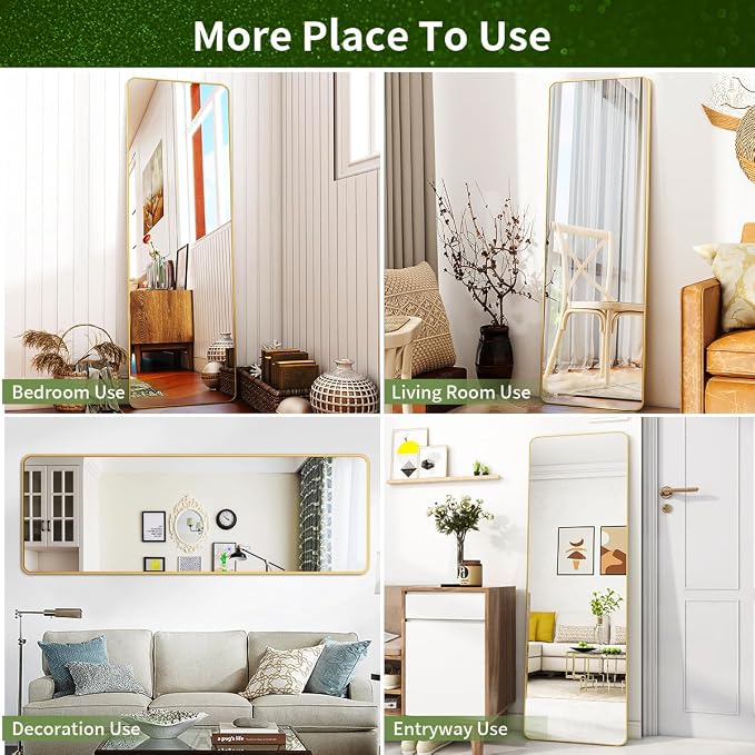 BEAUTYPEAK 59" x 16" Rounded Corner Full Length Mirror with Stand, Gold | Aluminum Alloy Frame with Standing, Leaning, or Wall-Mounted, Ideal for Bedroom, Dressing Room, Entryway, and Living Room