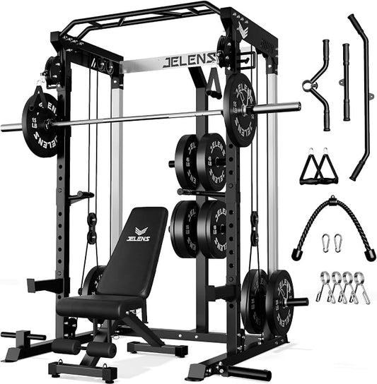 JELENS C21 Power Cage, 2000LBS Multi-Function Power Rack with Independent Dual Pulley System, All-in-One Squat Rack for Cable Crossover, Home Gym Workout Machine