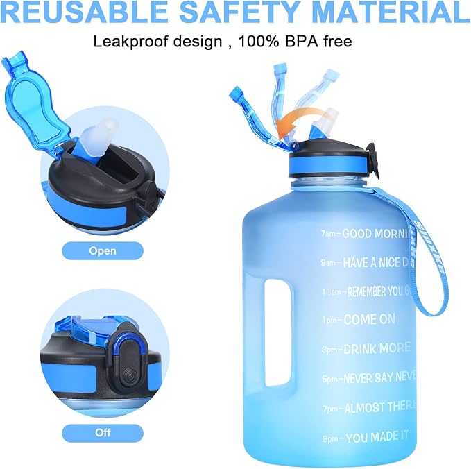 SLUXKE 1 Gallon Motivational Sports Water Bottle with Time Marker, BPA Free 128oz Leak Proof Jug, Black, Plastic, 128 ounces, Fitness, Sports, Outdoor Activities