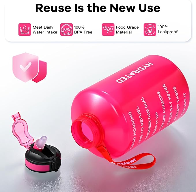 WEMEET Motivational Gallon Water Bottle, BPA Free, Large Sport Water Jug with Handle & Straw, for Fitness, Outdoor, Gym, Travel, Camping, Office (Pink)