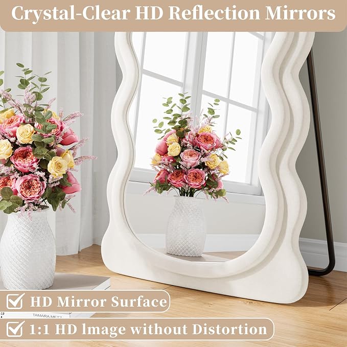 Full Length Mirror, 63"x24" Full Body Mirror with Stand | Full Body Mirror with Stand, Flannel Floor Mirrror Bedroom and Living Room, Wall Mirror Hanging or Leaning, Beige