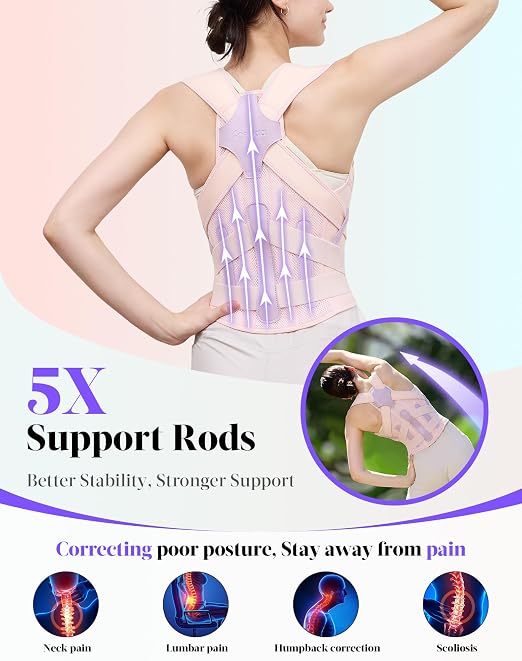 Posture Corrector for Women and Men, Full Back Support Brace, Adjustable Shoulder Straightener, Improving Posture, Relief Upper and Lower Back, Neck Pain, Pink, Large