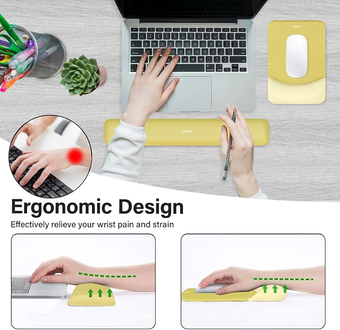 MOSISO Wrist Rest Support Mouse Pad & Keyboard Set, Yellow | Rectangular Ergonomic Mousepad, Non-Slip Base, Home/Office Pain Relief & Easy Typing, Neoprene Cloth & Raised Silicone Lining