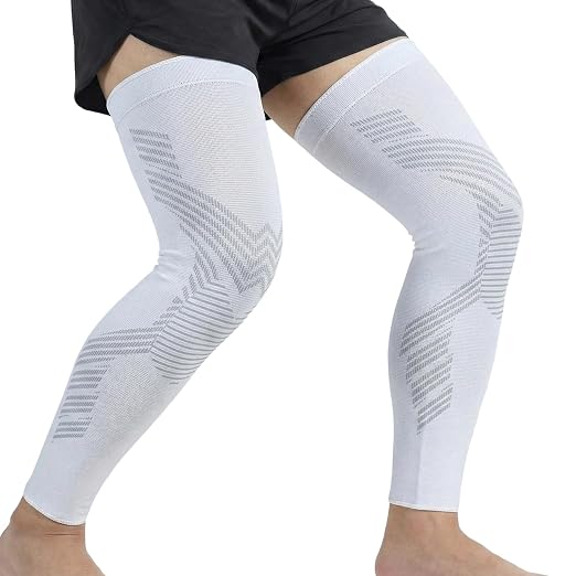 Full Leg Compression Sleeves for Men and Women,2 Pack Legs Sleeves Long Knee Brace Support for Running, Basketball, Cycling, Workout, Sports - White,L