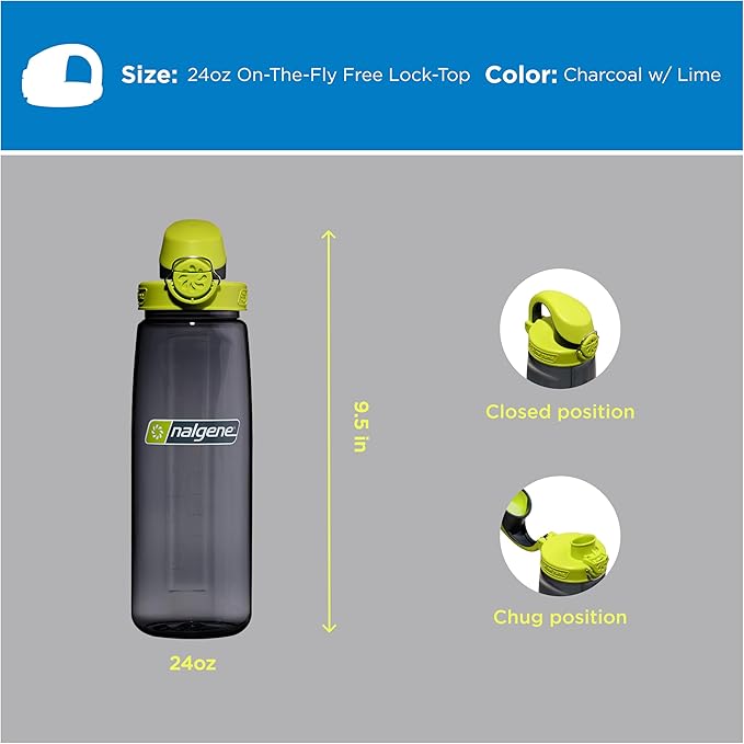 Nalgene 24 oz On The Fly Lock-Top Water Bottle, Charcoal w/Lime | Easy Chug Cap with Locking Lid, Cup Holder Size, BPA-Free, Durable & Leak Proof, Lightweight Bottle for Hiking, Gym & Travel