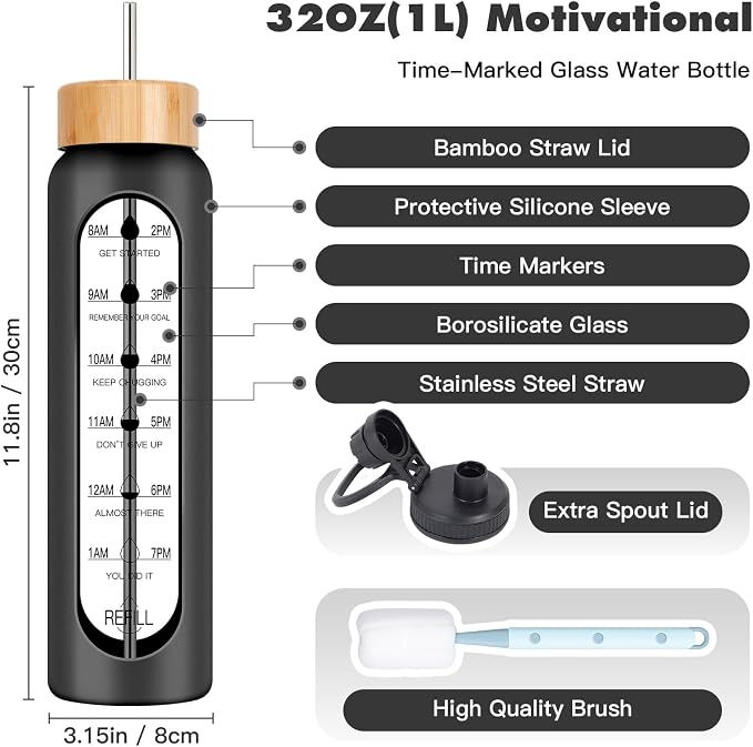 32oz Glass Water Bottle with Time Marker, 2 Lids-Handle Spout Lid & Bamboo Straw Lid, 1 Liter Motivational Borosilicate Water Bottle for Gym, Office, Travel (Black)