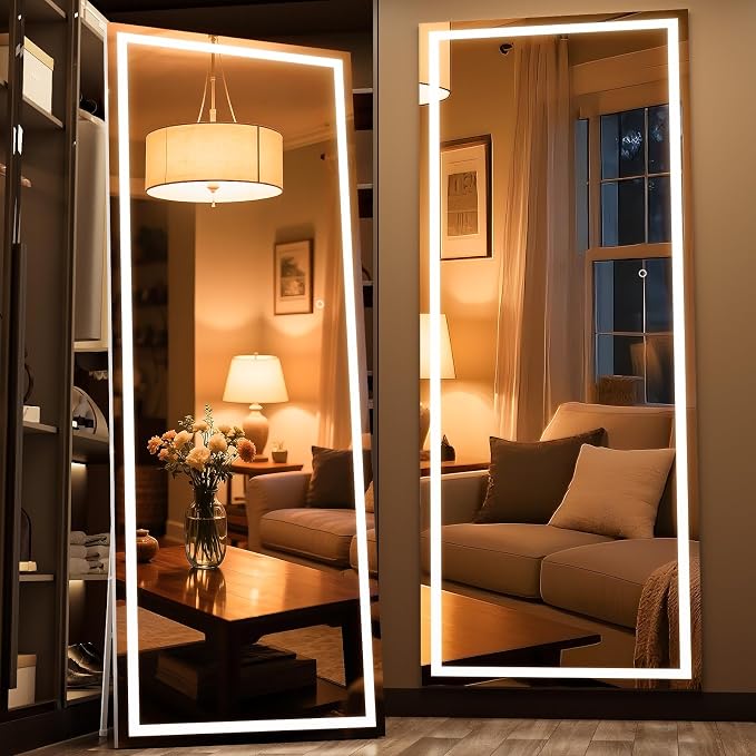 75" x 28" Full Length Mirror with Lights, LED Lighted Floor Standing Body Mirror, Dimmable & 3 Color Lighting for Bedroom, Cloakroom, Dressing Room, Tempered Glass, White Frame