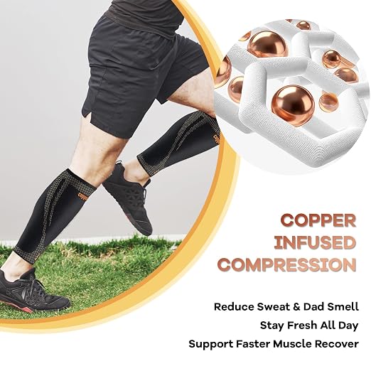 Copper Calf Compression Sleeves for Men & Women - Shin Splints Relief | High Stretch Graduated Compression with Anti-Slip Grip | Breathable & Smooth Lining Footless Design for Runner
