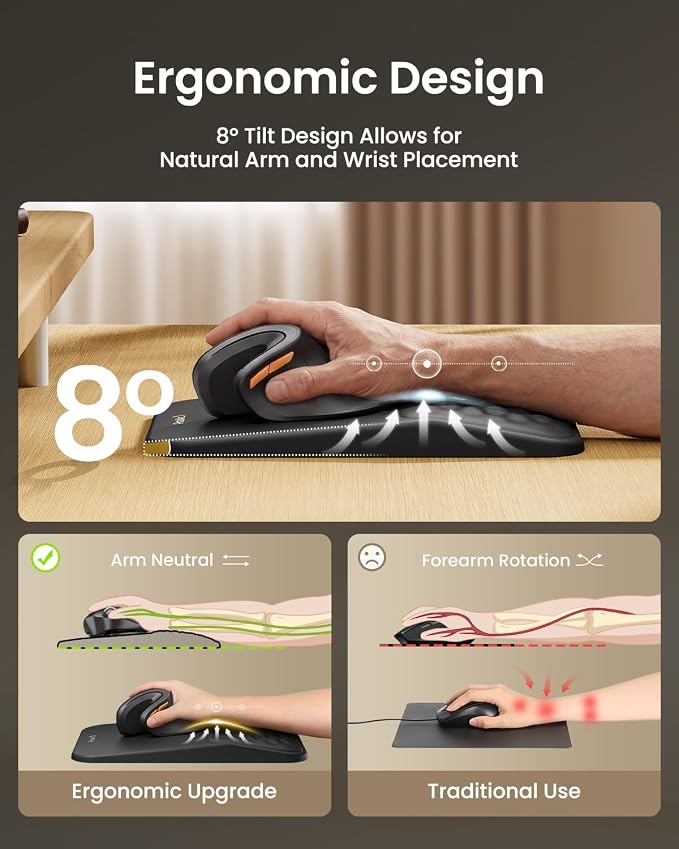ProtoArc MP50 Ergonomic Mouse Pad with Wrist Rest, PU Leather, Black | 8° slope & massage points, soft memory foam, Large 12x8 Inches, Non-slip base. Relieves wrist strain for office & home