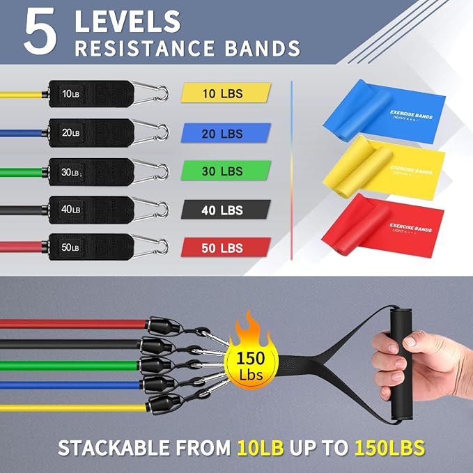 WHATAFIT Resistance Bands with Handles, 5-Level Exercise Bands for Workout | Natural latex,10-50 lbs, stackable to 150,Ankle Straps, Door Anchor,Guide. For Strength, Yoga,Home Gym,Travel & Workout.