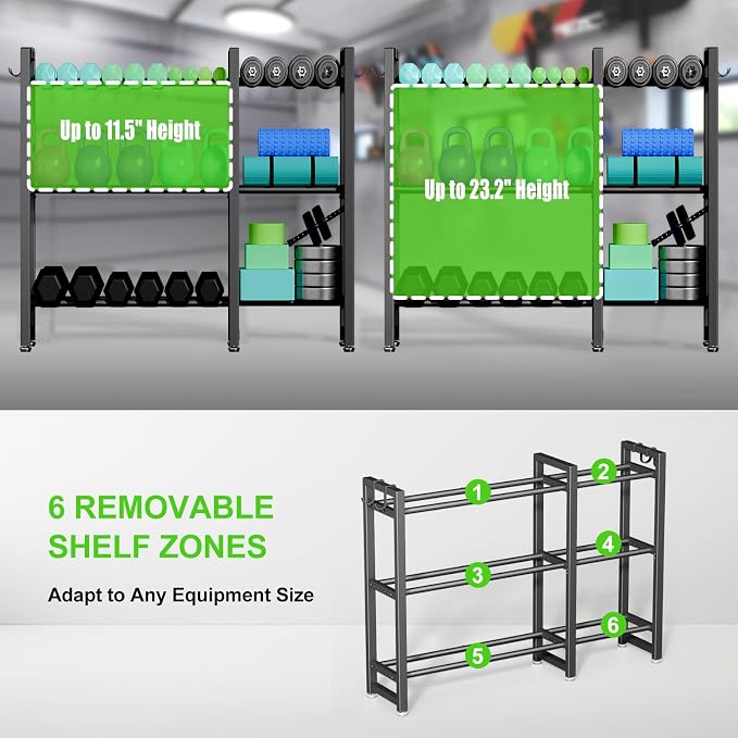 800LBS Capacity Multifunctional Home Gym Storage Rack with Side Hooks, Heavy Duty Adjustable Weight Storage Rack for Dumbbells Kettlebells Yoga Mat, Space Saving Workout Equipment Storage Organizer