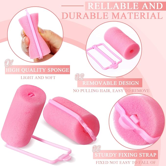 Geyoga 18 Pieces Pink Foam Hair Rollers Large Hair Curlers Sponge Rollers for Heatles to Sleep in a Curl for Women's Short and Long Hairs Styling (1.4 x 2.6 Inches)