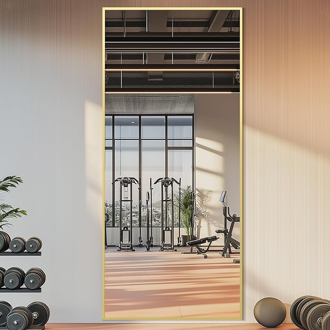 76"x34" Large Floor Mirror Full Length with Stand, Oversized Gold | Free Standing or Leaning, Wall‑Mountable, for Bedroom Living Room Home Gym, Rectangular, Tempered Glass, Aluminum Frame