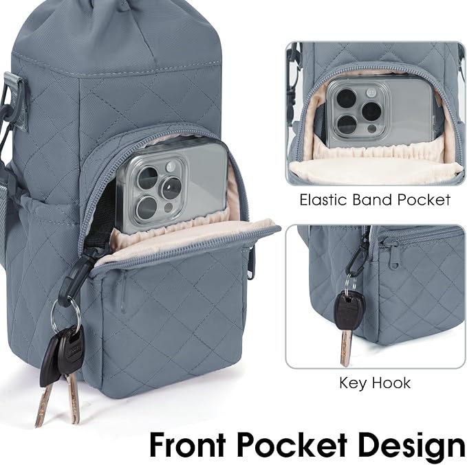 sportsnew 40oz Insulated Crossbody Water Bottle Bag Gym Hiking Phone Pocket | Water-resistant Lining, Padded Strap, Top Handle, Drawstring, Phone Pocket, Elastic Slots, Built-In Key Clip for Gym Walking