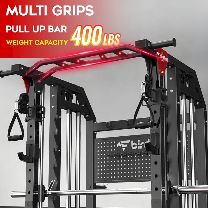 Multi-Function 2000LB Power Cage Smith Machine, Dual Pulley Cable Crossover | Home Gym Squat Rack Featuring LAT Pulldown, Power Rack with Olympic Bar & Strength Training Attachments, Pegboard