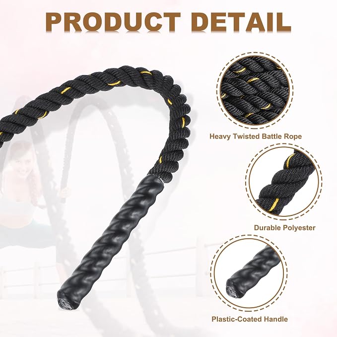 MECCANIXITY Battle Rope 20ft x 1 Inch Polyester Workout Rope Heavy Fitness Exercise Rope for Strength Training Home Gym Muscle Building, Black Yellow