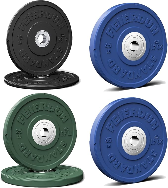 FEIERDUN Color Bumper Plate Set, 2-Inch Olympic Weight Plates, Low Bounce Rubber Barbell Plates with Stainless Steel Insert for Weightlifting, Strength Training, CrossFit & Home Gym, 10LB-370LB
