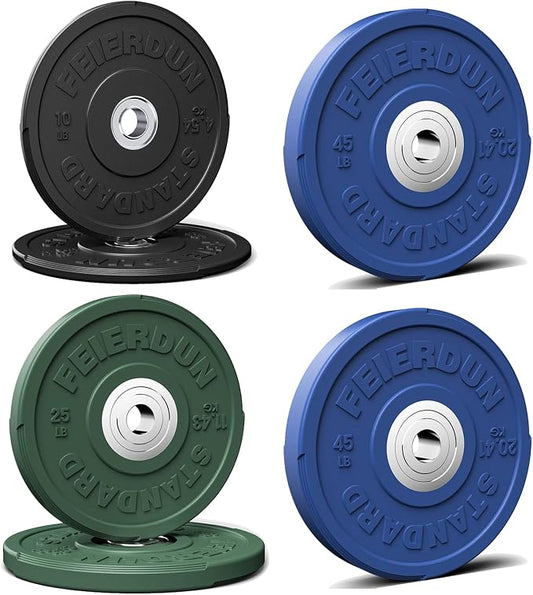 FEIERDUN Color Bumper Plate Set, 2-Inch Olympic Weight Plates, Low Bounce Rubber Barbell Plates with Stainless Steel Insert for Weightlifting, Strength Training, CrossFit & Home Gym, 10LB-370LB