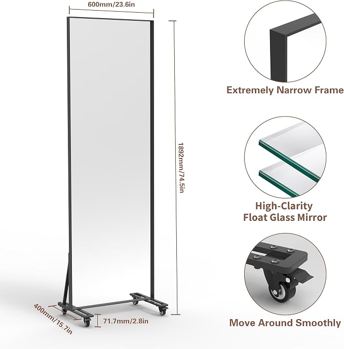 ANYHI Full Length Mirror on Wheels, 360° Swivel Full Body Rolling Mirror | 23.6"X74.5" Workout Mirror, HD Glass, Sturdy Metal Frame, Smooth Rolling Casters, Ideal For Gym, Bedroom, Dance Studio & Yoga